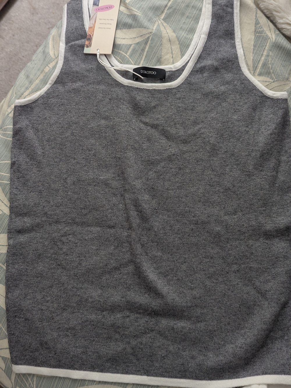 Dokotoo Grey Crewneck Sweater Tank with White Trim